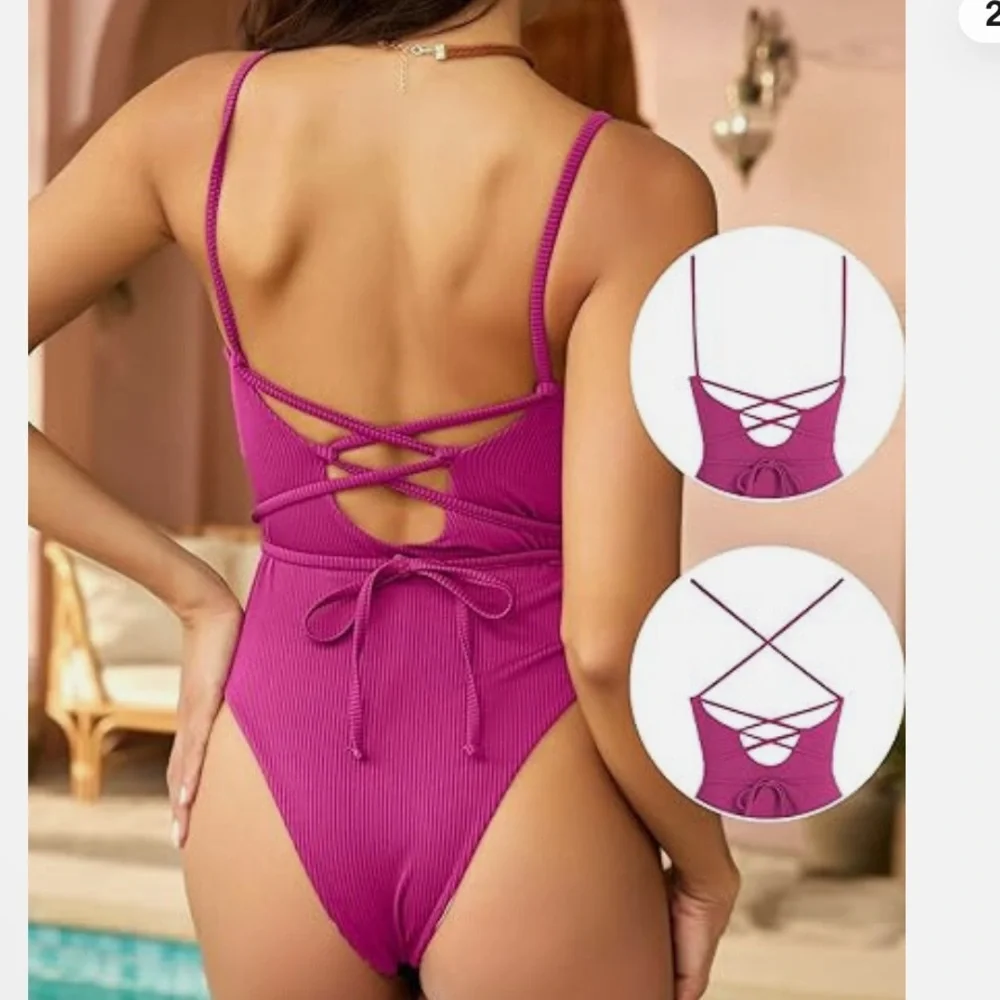 Zaful Pink Ribbed tie back one piece bathing suit swim suit
